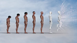 Evolution of man from caveman to exploding robot