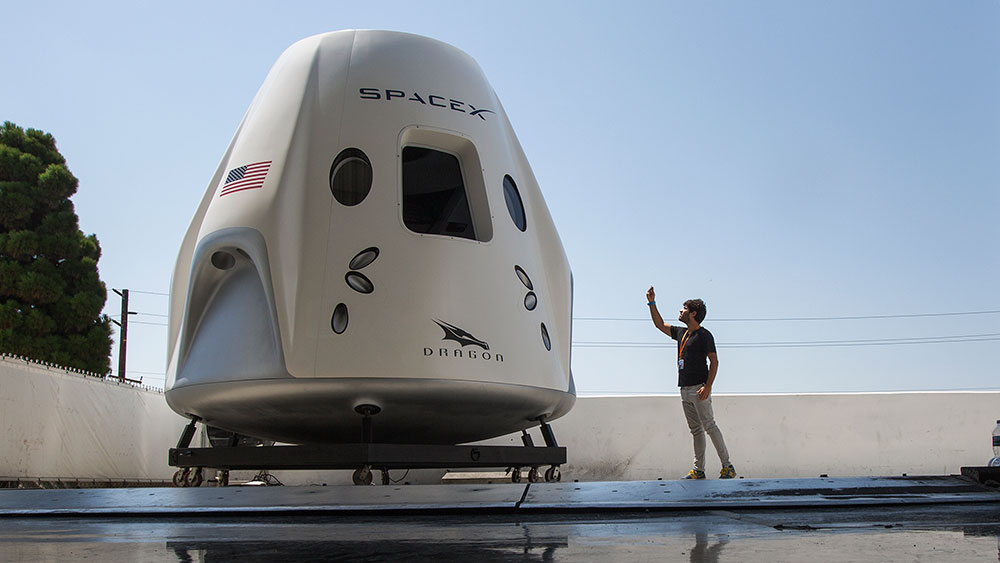 Mock up of the Crew Dragon spacecraft during a media tour of SpaceX headquarters. Pic: David McNew/Getty