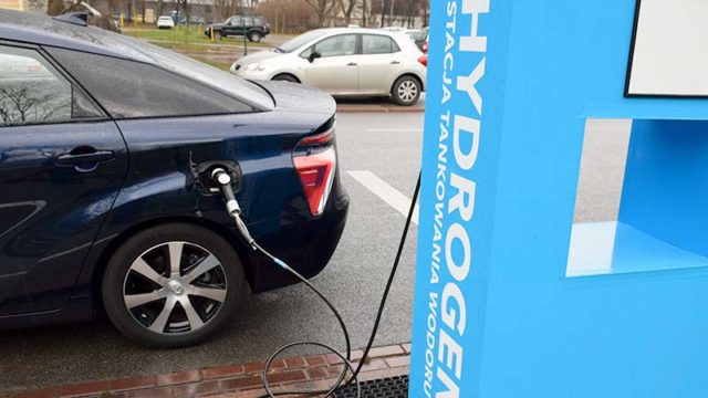 A hydrogen car refuels at a filling station. Pic: Getty