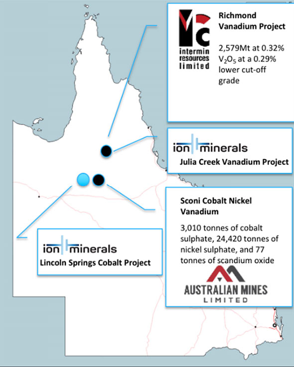 The Ion Minerals flagship Lincoln Springs cobalt is located in north-east Queensland. Map: Greenpower