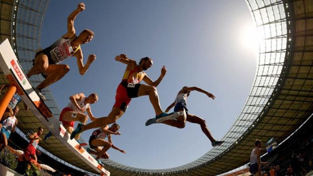 Athletes compete in the Men's steeplechase today at the European Athletics Championships in Berlin. Pic: Getty