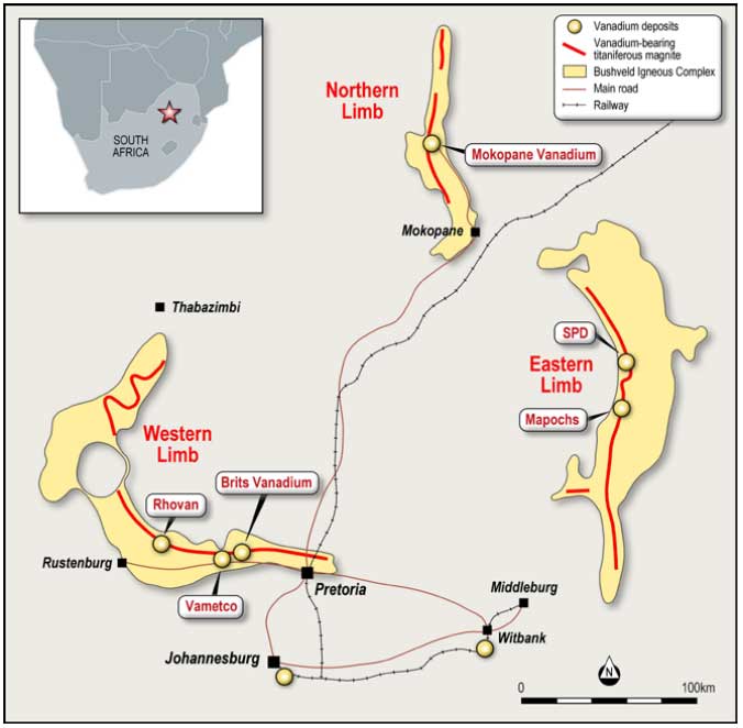 Tando's "SPD" vanadium project and other vanadium deposits nearby in South Africa.