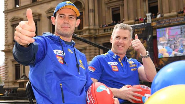 West Coast Eagles captain Shannon Hurn and coach Adam Simpson in today's AFL Grand Final Parade in Melbourne. Pic: Getty