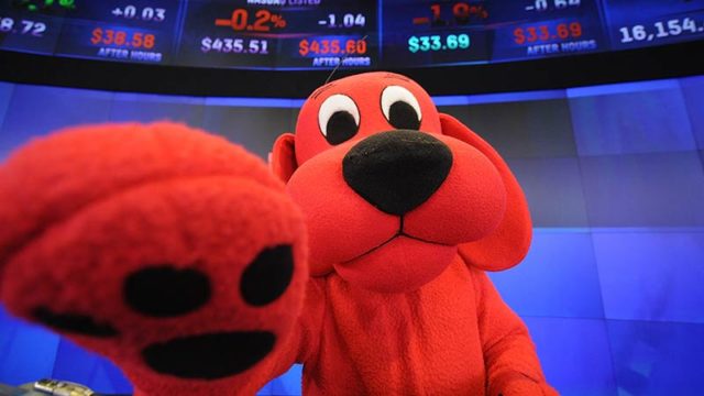 Scholastic Corporation And Clifford The Big Red Dog Ring The NASDAQ Closing Bell (Pic:Getty)