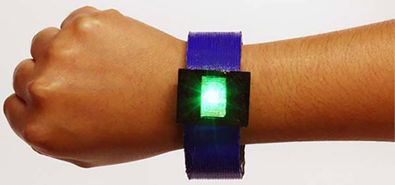 This LED bangle, including a lithium-ion battery, was made entirely by 3D printing. Credit: American Chemical Society 