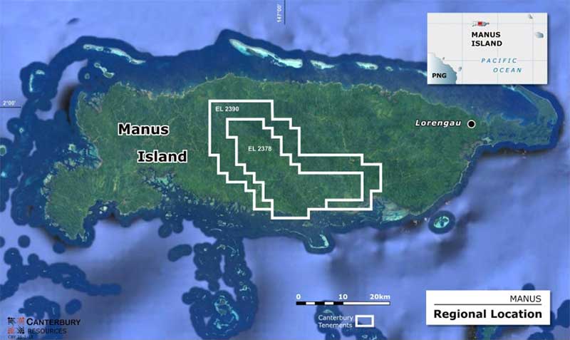 Canterbury's Bismarck project (licences 2378 and 2390) in central Manus Island, northern PNG. Map: Canterbury