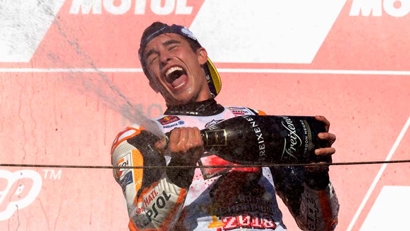 Marc Marquez of Spain celebrates winning the 2018 MotoGP championship in Japan om Sunday. Pic: Getty