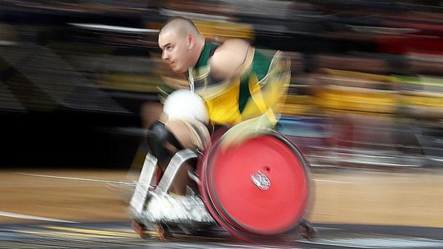 Players compete in an Invictus Games wheelchair rugby match in Sydney today. Pic: Getty