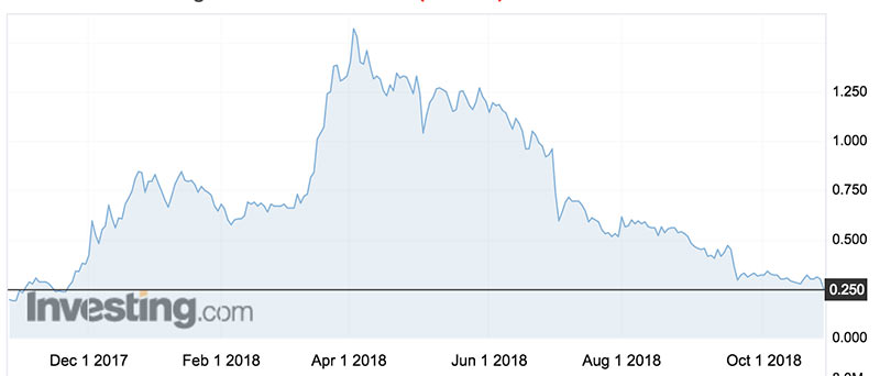 The Cobalt Blue (ASX:COB) share price over the past year.
