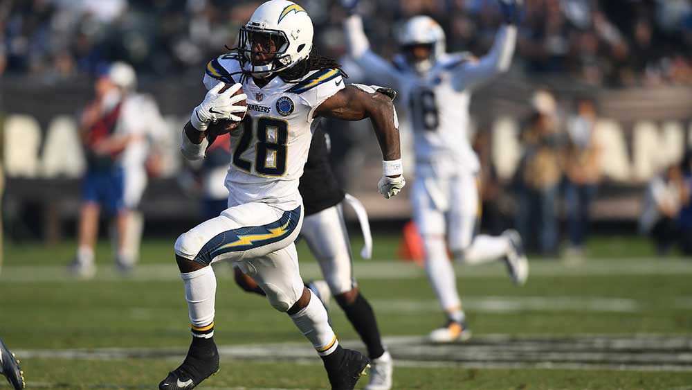 Melvin Gordon of the Los Angeles Chargers heads in for a TD. Pic: Getty