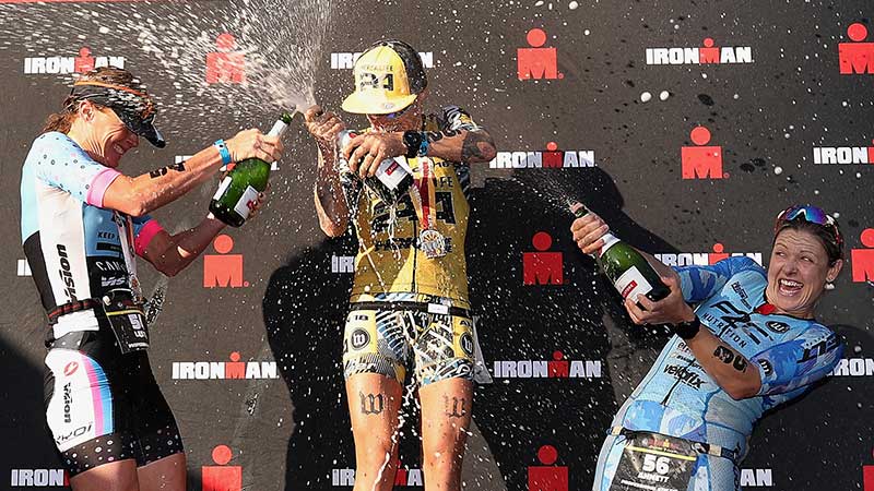 Aussie Carrie Lester, left, on the winners podium at the Top Pro 2018 Iron Woman event in Arizona at the weekend. Pic: Getty