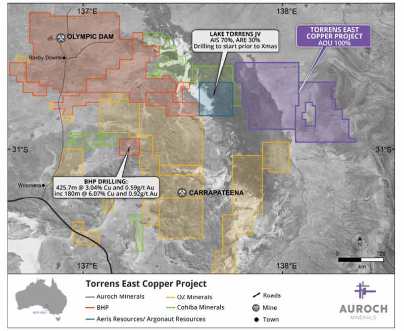 A map of Auroch's Torrens East project in relation to the Torrens JV, BHP, and Oz Minerals. 
