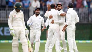 Virat Kohli of India celebrates after Mohammed Shami of India took the wicket of Travis Head of Australia during day three of the second match in the Test series between Australia and India. Pic Getty.