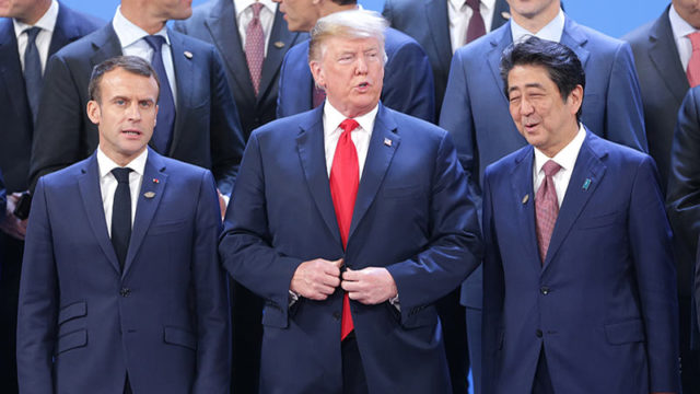 President of France Emmanuel Macron, U.S. President Donald Trump and Prime Minister of Japan Shinzo Abe at the G20 Summit. Pic:Getty