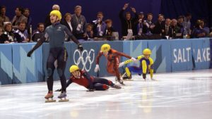 Australia's first ever Winter Gold medal winner Steven Bradbury crosses the line. Pic: Getty