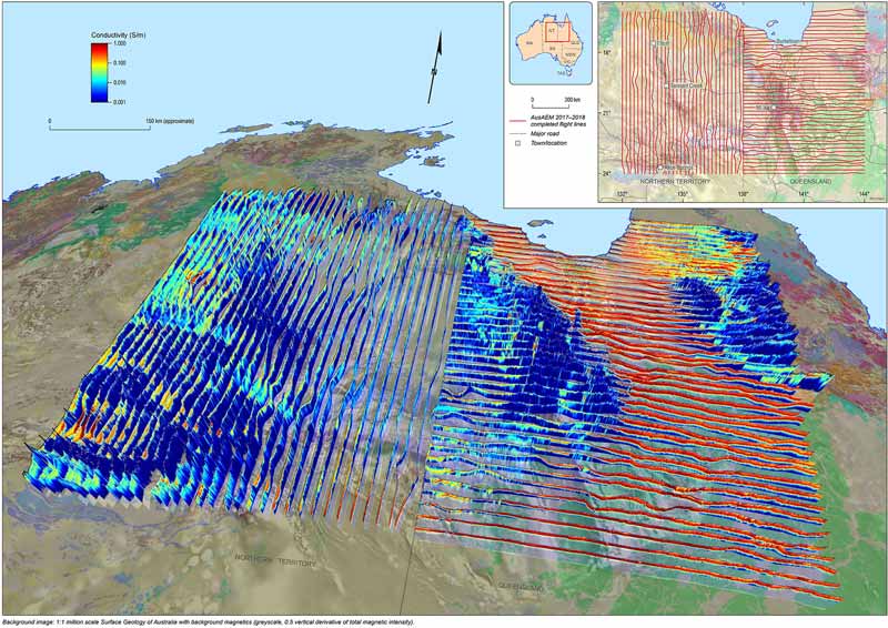 Airborne electromagnetic conductivity sections projected above the surface showing continuity of geology mapped by 20km spaced flight lines. Pic: Geoscience Australia. 