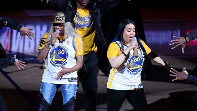 Cheryl 'Salt' James, and Sandra 'Pepa' Denton of the hip hop group Salt-N-Pepa perform at halftime in Game 2 of the 2018 NBA Finals. Pic: Getty.