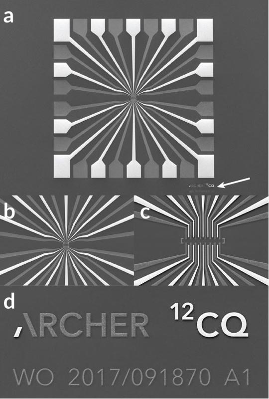 Electron microscopy images of the first 12CQ chip prototype micron-nanoscale components patterned on a silicon wafer, at various magnifications. Source: Archer Exploration.