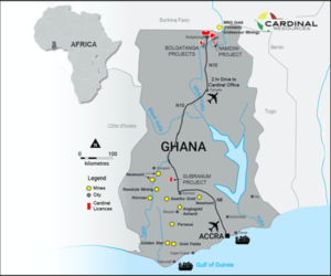 Cardinal Resources' gold projects are in north Ghana near the border with Burkina Faso