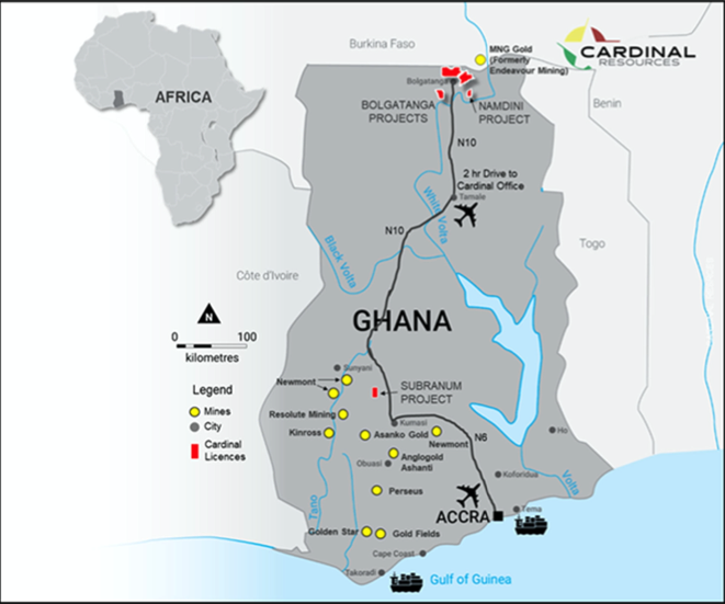 Cardinal Resources' gold projects are in north Ghana near the border with Burkina Faso