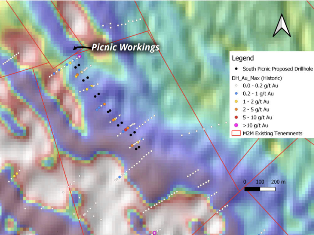 Plan showing historical drill lines and proposed infill drilling at Sunday Picnic. Pic: Mt Malcolm Mines